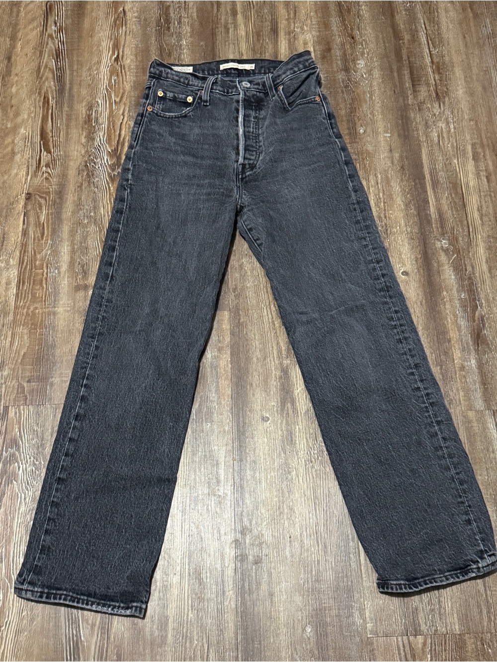 Levi's Ribcage Straight Ankle Jeans Women's 26/29 Button Fly Black Wash Denim